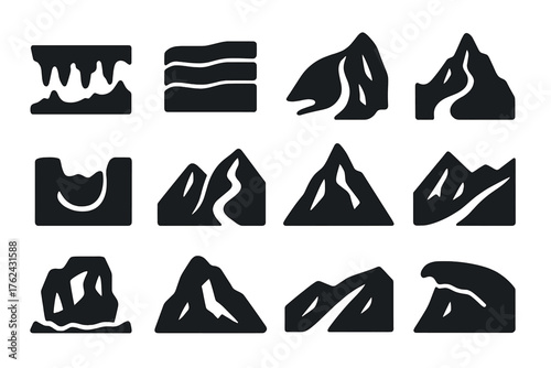 Solid Glacial Icons. Solid style icons of Glacial Formations: ice shelf, blue ice layers, hanging glacier, glacier tongue, cirque