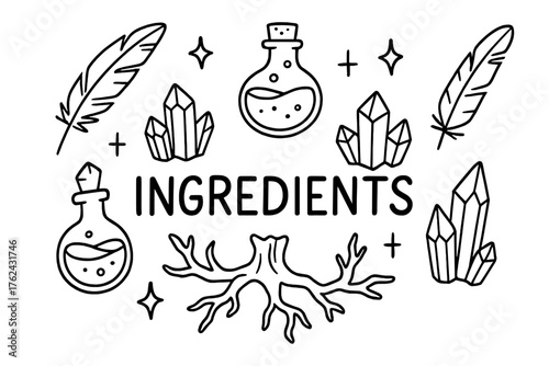 Potion Ingredients Doodle. Doodle potion ingredients with feathers, crystals, and roots, center word “Ingredients” in black and