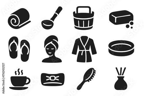 Spa Accessories Icons. Solid style icons of Spa Accessories: towel roll, bamboo ladle, water bucket, soap bar, sandals, hair wrap,