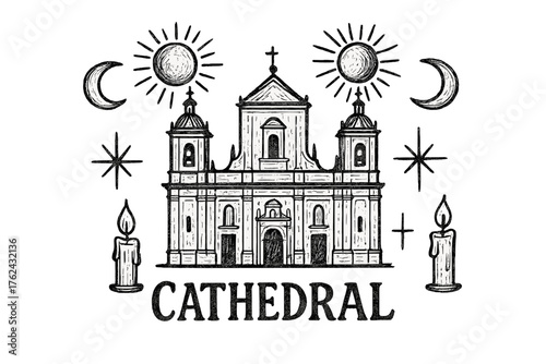 Cathedral with Celestial Motifs. Hand-drawn cathedral primada with suns, moons, and candles, center word “Cathedral” in black and