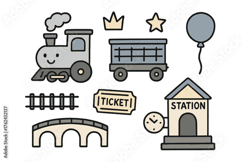 Playful Train Doodle Set. Trains doodle icon set: hand drawn icons of locomotive with smile, wagon, rails, ticket, crown, star,