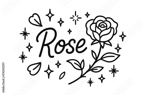 Doodle Rose Art. Doodle rose with petals, stars, and sparkles, center word “Rose” in black and white isolated transparent