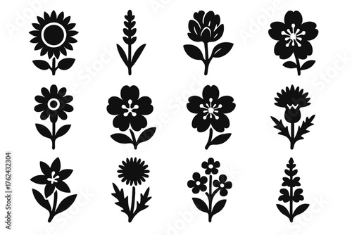 Bee-Friendly Flower Icons. Solid style icons of Flowers for Bees: sunflower, lavender, clover, wildflower, apple blossom, cherry