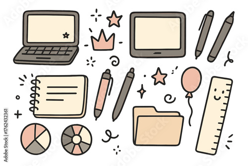 Designer Doodle Icon Set. Designer profession doodle icon set: hand drawn icons of laptop, tablet, stylus, notebook, pen, crown,