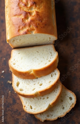 Homemade white bread loaf sliced on brown table. Crusty golden brown bread texture. Soft white crumb good for sandwiches or toast. Ready for eating.