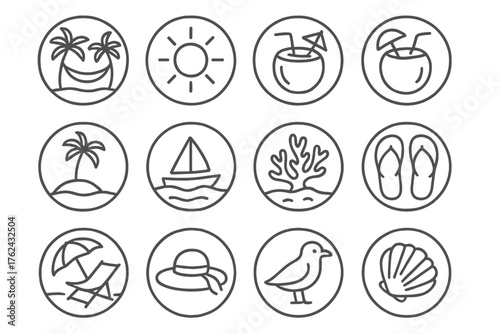 Tropical Beach Icons. Line style round icons of tropical escape: hammock, sun, coconut, island; boat, palm, coral, flip flops;