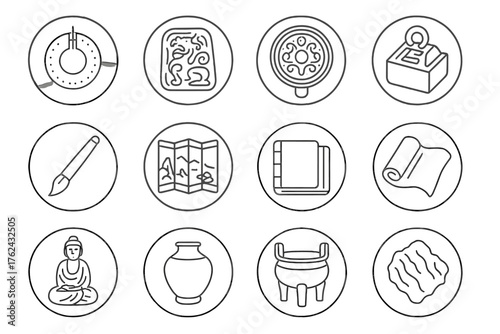 Cultural Artifacts Icons. Line style round icons of cultural artifacts: jade pendant, carved stone, bronze mirror, seal; ink brush