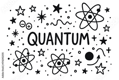 Quantum Physics Doodle. Doodle quantum physics with stars, particles, and orbits, center word “Quantum” in black and white
