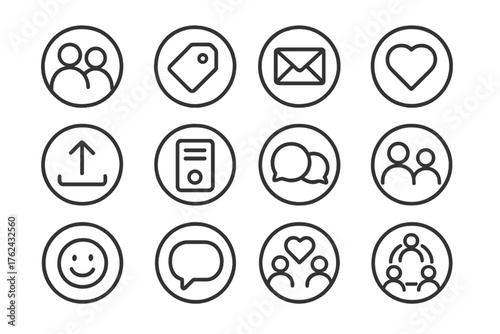 Social Media Line Icons. Line style round icons of social connections: friend icon, follow tag, direct message, heart bubble;