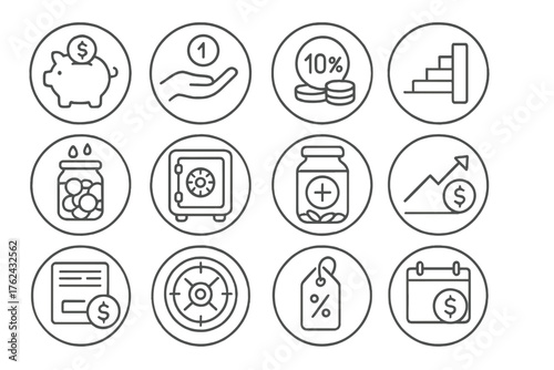 Saving Strategy Icons. Line style round icons of saving strategies: piggy bank, coin drop, 10% rule, savings ladder; rainy day jar