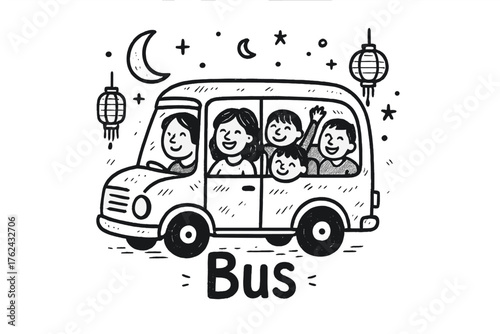Whimsical Bus Scene. Hand-drawn bus with happy passengers, moons, and lanterns, center word “Bus” in black and white isolated