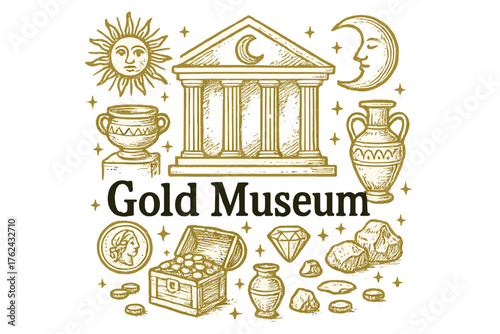 Gold Museum Illustration. Hand-drawn gold museum with suns, moons, and treasures, center word “GoldMuseum” in black and white