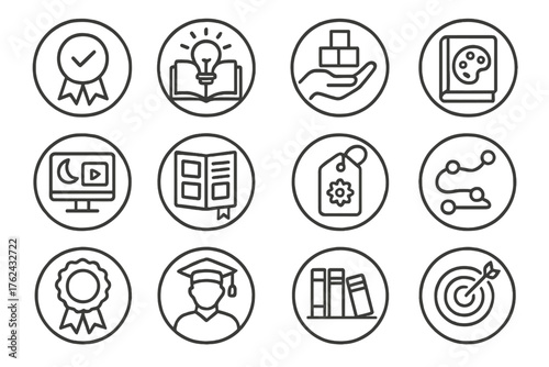 Lifelong Learning Icons. Line style round icons of lifelong learning: self-paced badge, knowledge icon, skill building, hobby book