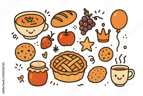 Seasonal Food Doodle Set. Seasonal food doodle icon set: hand drawn icons of pumpkin soup, bread, grapes, apple pie, crown, star,