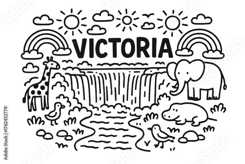 Victoria Falls Doodle. Doodle victoria falls with rainbows, suns, and animals, center word “Victoria” in black and white isolated