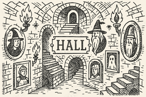 Enchanted Hallway Doodle. Doodle enchanted hallway with portraits, torches, and staircases, center word “Hall” in black and white