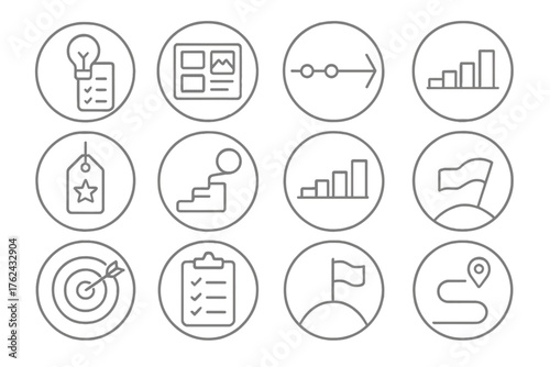 Goal Setting Icons. Line style round icons of goal setting systems: SMART goal, vision board, milestone tracker, achievement tag;
