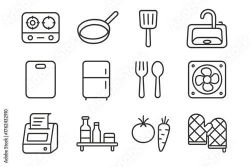 Mobile Kitchen Icons. Line style round icons of mobile kitchen: stove, pan, spatula, sink; cutting board, fridge, utensils,