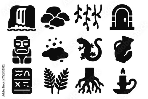 Hidden Grotto Icons. Solid style icons of Hidden Grotto: waterfall, moss stones, vines, secret door, carved statue, glowing algae,