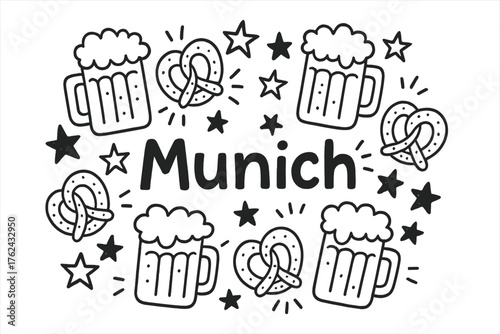 Munich Oktoberfest Doodle. Doodle munich oktoberfest with beer mugs, pretzels, and stars, center word “Munich” in black and white