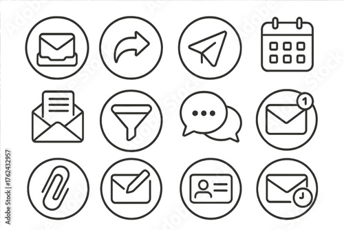 Email Communication Icons. Line style round icons of email and communication: inbox, reply arrow, send icon, calendar invite;