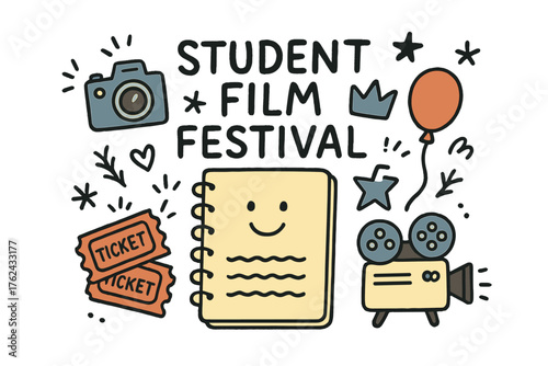 Student Film Festival Doodle. Student film festival illustration doodle style: hand drawn notebook with smile, camera, crown, star