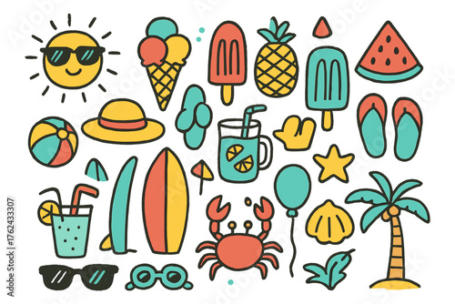 Summer Doodle Icons. Summer doodle icon set: hand drawn icons of sun with sunglasses, ice cream, popsicle, watermelon, pineapple,