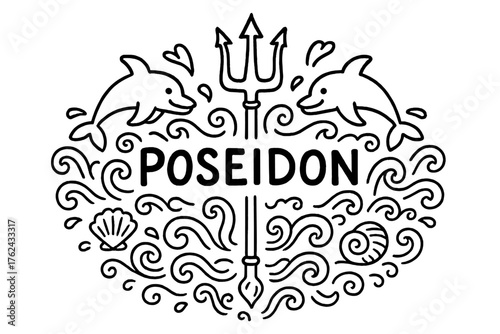 Poseidon Doodle Art. Doodle poseidon trident with dolphins, waves, and shells, center word “Poseidon” in black and white isolated