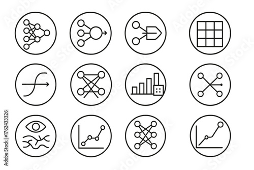 Deep Learning Icons. Line style round icons of deep learning: neural layers, input nodes, hidden layer, output tag; weight matrix,