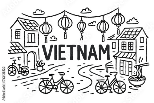Vietnamese Street Doodle. Doodle vietnamese street with lanterns, bicycles, and noodles, center word “Vietnam” in black and white