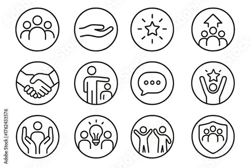 Team Empowerment Icons. Line style round icons of team empowerment: group circle, open hand, light spark, upward arrow; trust icon