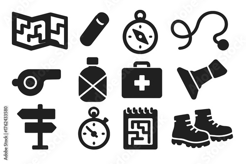 Maze Exploration Icons. Solid style icons of Maze Exploration Tools: handheld map, tracking chalk, compass dial, route string,