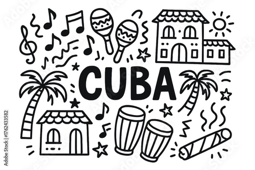 Cuban Music Doodle. Doodle cuban music with maracas, cigars, and tropical houses, center word “Cuba” in black and white isolated