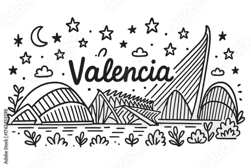 Valencia Doodle Art. Doodle valencia city of arts with stars, moons, and gardens, center word “Valencia” in black and white