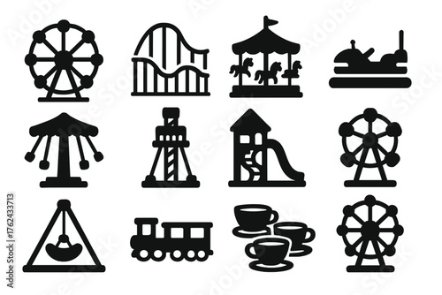Carnival Ride Icons. Solid style icons of Carnival Rides: ferris wheel, roller coaster, carousel, bumper cars, swing ride, drop