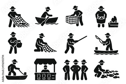 Fishermen at Work Icons. Solid style icons of Fishermen at Work: hauling net, rowing dinghy, setting traps, unloading catch,