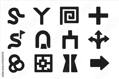 Maze Puzzle Icons. Solid style icons of Maze Puzzle Elements: winding route, branching choice, hidden center, cross path, trail