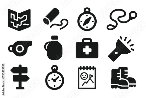 Maze Exploration Icons. Solid style icons of Maze Exploration Tools: handheld map, tracking chalk, compass dial, route string,