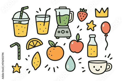 Juice Bar Icons. Juice bar doodle icon set: hand drawn icons of smoothie, juice glass, blender, fruit, straw, lemon, orange, apple