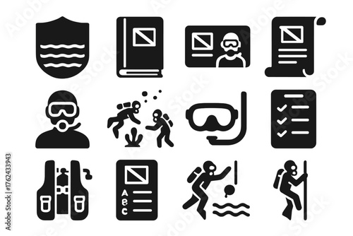 Diving Certification Icons. Solid style icons of Diving certifications and training: open water badge, dive logbook, certification