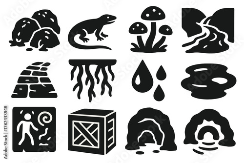Subterranean Habitat Icons. Solid style icons of Subterranean Habitat: mossy rocks, cave lizard, bioluminescent fungi, underground