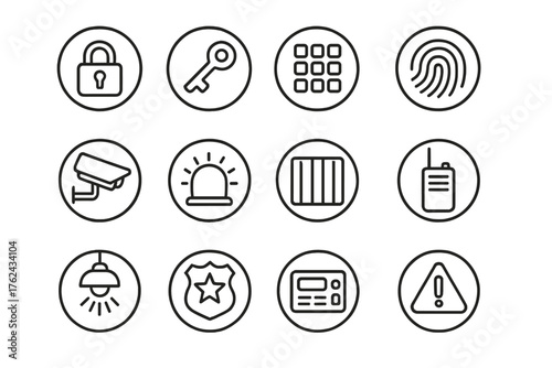 Security Icons Collection. Line style round icons of security and control: lock, key, keypad, fingerprint; surveillance camera,