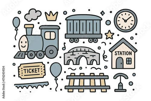 Playful Train Doodle Set. Trains doodle icon set: hand drawn icons of locomotive with smile, wagon, rails, ticket, crown, star,