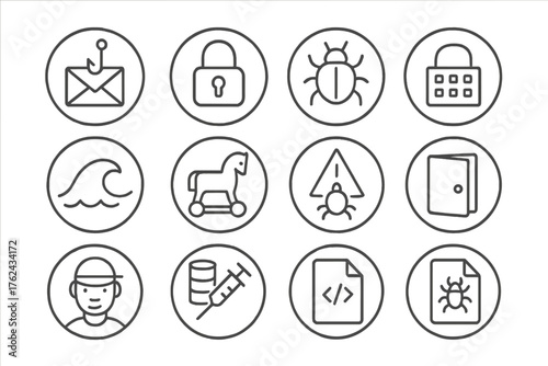 Cyber Attack Icons. Line style round icons of cyber attack types: phishing email, ransomware lock, spyware bug, brute force; DDOS