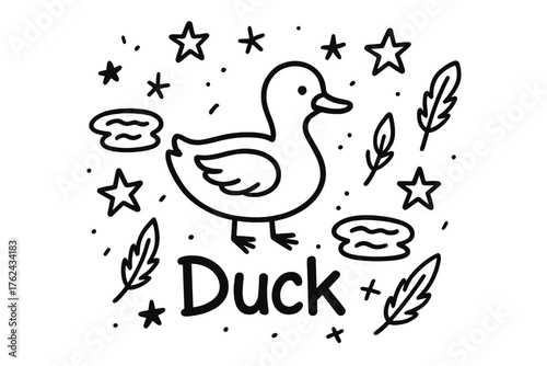 Doodle Duck Delight. Doodle duck with stars, ponds, and feathers, center word “Duck” in black and white isolated transparent