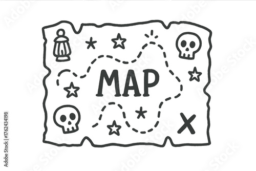 Doodle Treasure Map. Doodle treasure map with stars, skulls, and lanterns, center word “Map” in black and white isolated