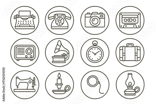 Vintage Icon Line Art. Line style round icons of vintage items: typewriter, rotary phone, old camera, cassette tape; classic radio