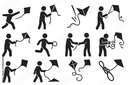 Kite Flying Journey. Solid style icons of Kite flying activities and moments: launch throw, tug string, kite crash, reeling in,
