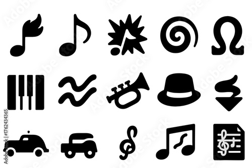 Jazz Styles Icons. Solid style icons of Jazz styles and history: bebop symbol, swing note, fusion burst, cool jazz swirl, ragtime