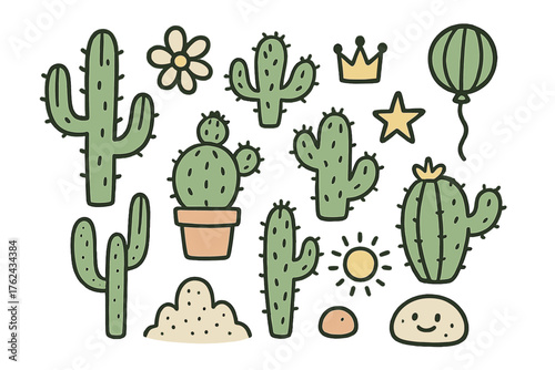 Cactus Doodle Icons. Cactus doodle icon set: hand drawn icons of cactus, flower, desert plant, pot, crown, star, balloon, sun,